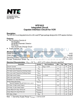 NTE1812 datasheet - Integrated Circuit Capstan Interface Circuit for VCR