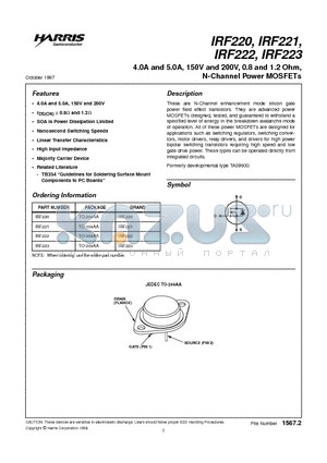 IRF221 datasheet - 4.0A and 5.0A, 150V and 200V, 0.8 and 1.2 Ohm, N-Channel Power MOSFETs