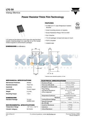 LTO50 datasheet - Power Resistor Thick Film Technology