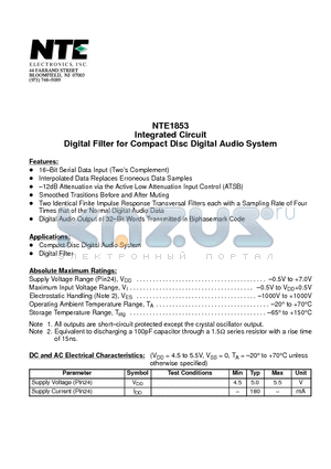 NTE1853 datasheet - Integrated Circuit Digital Filter for Compact Disc Digital Audio System