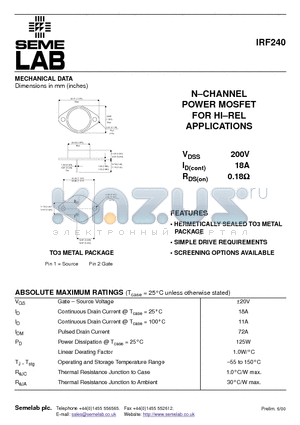 IRF240 datasheet - N-CHANNEL POWER MOSFET FOR HI.REL APPLICATIONS