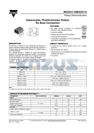 MOC8111 datasheet - Optocoupler, Phototransistor Output, No Base Connection