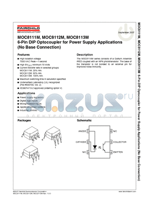 MOC8111SR2M datasheet - 6-Pin DIP Optocoupler for Power Supply Applications (No Base Connection)