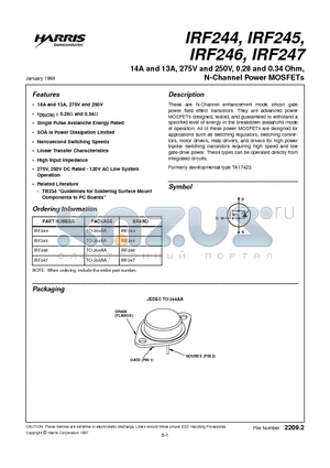 IRF245 datasheet - 14A and 13A, 275V and 250V, 0.28 and 0.34 Ohm, N-Channel Power MOSFETs
