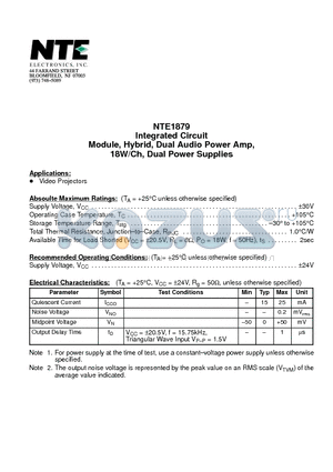 NTE1879 datasheet - Integrated Circuit Module, Hybrid, Dual Audio Power Amp, 18W/Ch, Dual Power Supplies