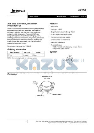 IRF250 datasheet - 30A, 200V, 0.085 Ohm, N-Channel Power MOSFET