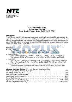 NTE1898 datasheet - Integrated Circuit Dual Audio Power Amp, 5.8W (22W BTL)