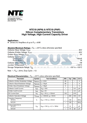 NTE19 datasheet - Silicon Complementary Transistors High Voltage, High Current Capacity Driver