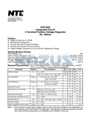 NTE1902 datasheet - Integrated Circuit 3 Terminal Positive Voltage Regulator 9V, 100mA