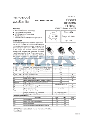 IRF2804 datasheet - HEXFET Power MOSFET