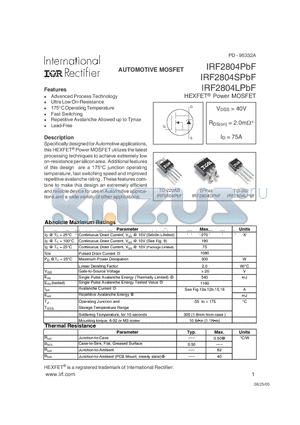 IRF2804PBF datasheet - AUTOMOTIVE MOSFET