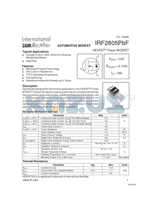 IRF2805PBF datasheet - AUTOMOTIVE MOSFET