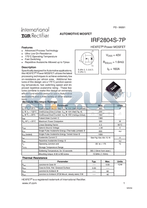 IRF2804S-7P datasheet - AUTOMOTIVE MOSFET
