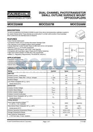 MOCD206M datasheet - DUAL CHANNEL PHOTOTRANSISTOR SMALL OUTLINE SURFACE MOUNT OPTOCOUPLERS