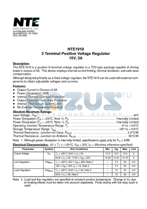 NTE1918 datasheet - 3 Terminal Positive Voltage Regulator 15V, 3A