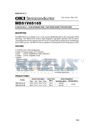 MD51V65165 datasheet - 4,194,304-Word x 16-Bit DYNAMIC RAM : FAST PAGE MODE TYPE WITH EDO