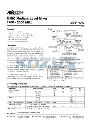 MD54-0003SMB datasheet - MMIC Medium Level Mixer 1700 - 2000 MHz