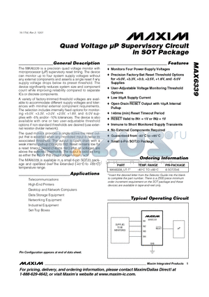 MAX6339 datasheet - Quad Voltage lP Supervisory Circuit in SOT Package