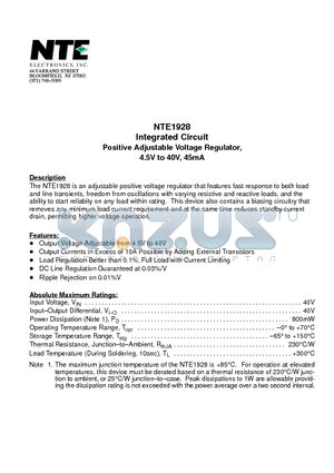 NTE1928 datasheet - Integrated Circuit Positive Adjustable Voltage Regulator, 4.5V to 40V, 45mA