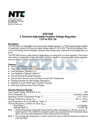 NTE1929 datasheet - 3 Terminal Adjustable Positive Voltage Regulator 1.2V to 33V, 3A