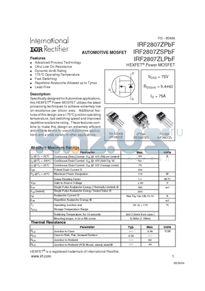 IRF2807ZPBF datasheet - AUTOMOTIVE MOSFET (75V, 94mOHM, 75A)