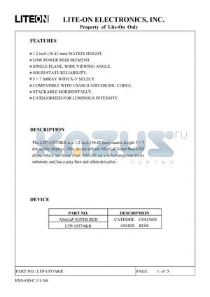 LTP-1557AKR datasheet - 1.2 inch (30.42 mm) matrix height 5 x 7 dot matrix display