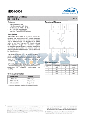 MD54-0004 datasheet - MMIC Medium Level Mixer 800 - 1000 MHz