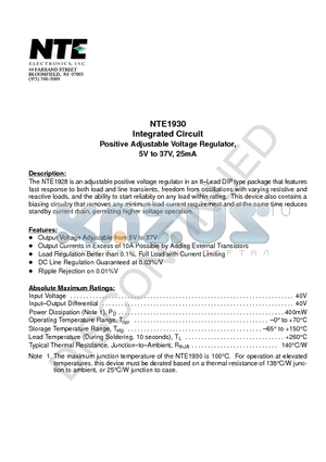 NTE1930 datasheet - Integrated Circuit Positive Adjustable Voltage Regulator, 5V to 37V, 25mA