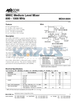 MD54-0004SMB datasheet - MMIC Medium Level Mixer 800 - 1000 MHz