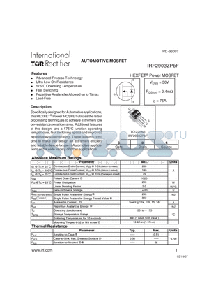 IRF2903ZPBF datasheet - AUTOMOTIVE MOSFET