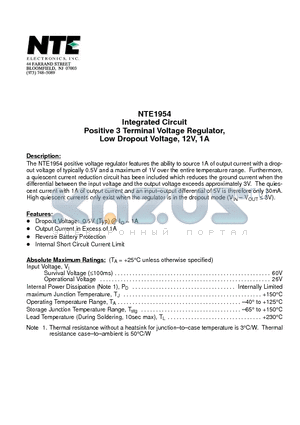 NTE1954 datasheet - Integrated Circuit Positive 3 Terminal Voltage Regulator, Low Dropout Voltage, 12V, 1A