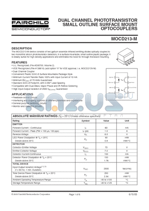 MOCD213-M datasheet - DUAL CHANNEL PHOTOTRANSISTOR SMALL OUTLINE SURFACE MOUNT OPTOCOUPLERS