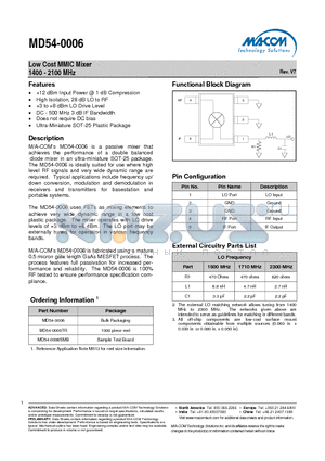 MD54-0006TR datasheet - Low Cost MMIC Mixer 1400 - 2100 MHz