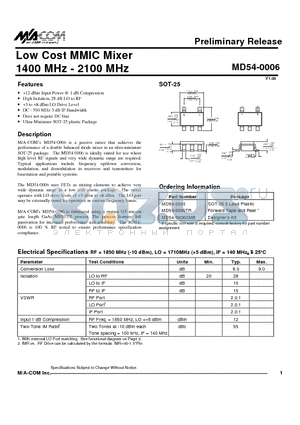 MD54-0006 datasheet - Low Cost MMIC Mixer 1400 MHz - 2100 MHz