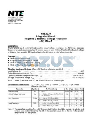 NTE1979 datasheet - Integrated Circuit Negative 3 Terminal Voltage Regulator,-8V, 100mA
