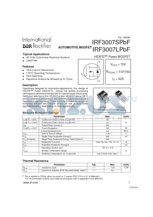 IRF3007SPBF datasheet - HEXFET Power MOSFET