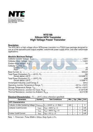 NTE198 datasheet - Silicon NPN Transistor High Voltage Power Transistor