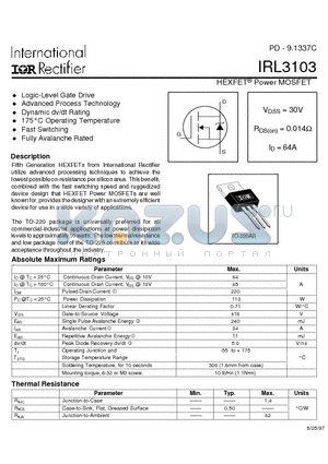 IRF3103 datasheet - HEXFET^ Power MOSFET