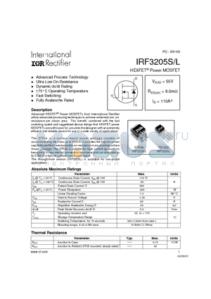 IRF3205S datasheet - Power MOSFET(Vdss=55V, Rds(on)=8.0mohm, Id=110A)