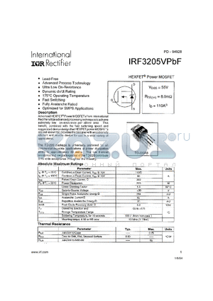 IRF3205VPBF datasheet - HEXFET Power MOSFET