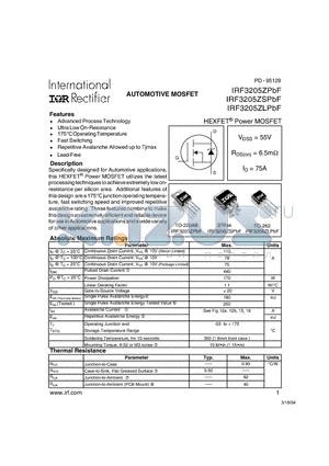 IRF3205ZSPBF datasheet - AUTOMOTIVE MOSFET