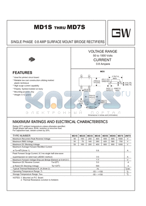 MD5S datasheet - SINGLE PHASE 0.8 AMP SURFACE MOUNT BRIDGE RECTIFIERS