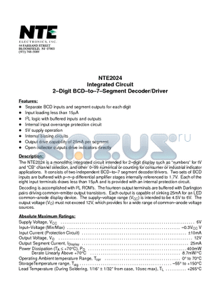 NTE2024 datasheet - Integrated Circuit 2-Digit BCD-to-7-Segment Decoder/Driver