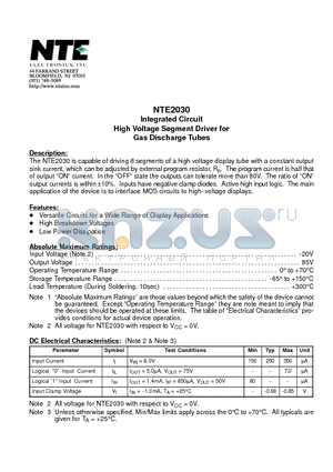NTE2030 datasheet - Integrated Circuit High Voltage Segment Driver for Gas Discharge Tubes