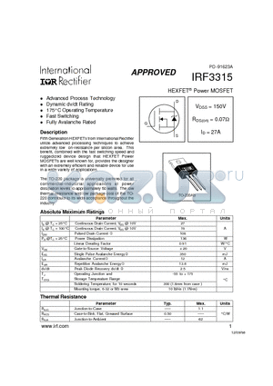 IRF3315 datasheet - Power MOSFET(Vdss=150V, Rds(on)=0.07ohm, Id=27A)