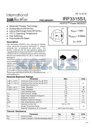 IRF3315S datasheet - Power MOSFET(Vdss=150V, Rds(on)=0.082ohm, Id=21A)
