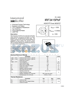 IRF3415PBF datasheet - HEXFET Power MOSFET