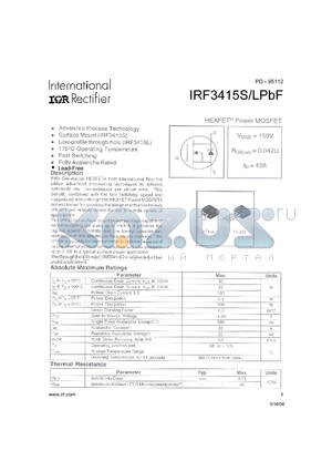 IRF3415SPBF datasheet - HEXFET Power MOSFET