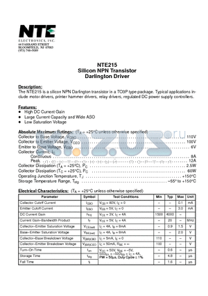 NTE215 datasheet - Silicon NPN Transistor Darlington Driver