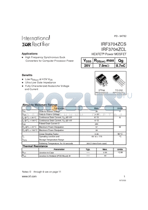 IRF3704ZCS datasheet - HEXFET Power MOSFET